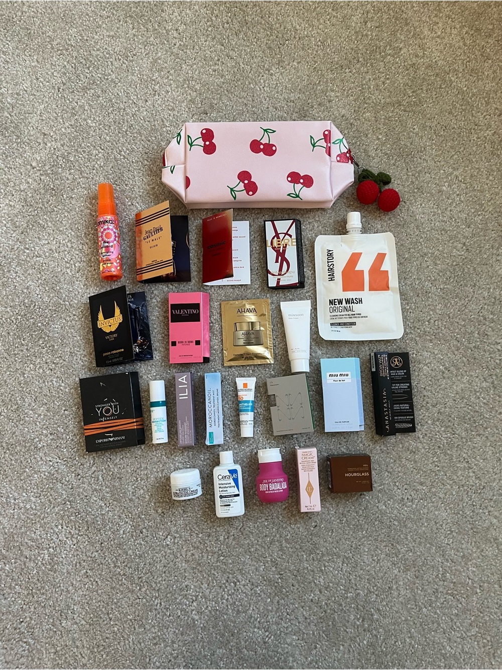 Ulta Beauty 22 piece Beauty Sample Bundle and Cherry Print Cosmetic Bag NWT